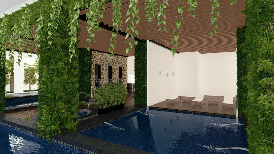 A sheltered exercise pool framed by planted columns and a timber ceiling.