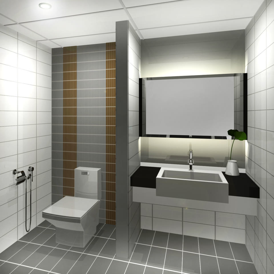 An interior study with tiled walls, a floating basin and an illuminated mirror.